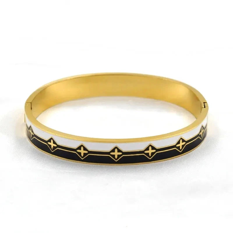 Hemasa  Stainless Steel Open Bangle For Women /Gold Geometric Colorful Enamel Painted Bracelet