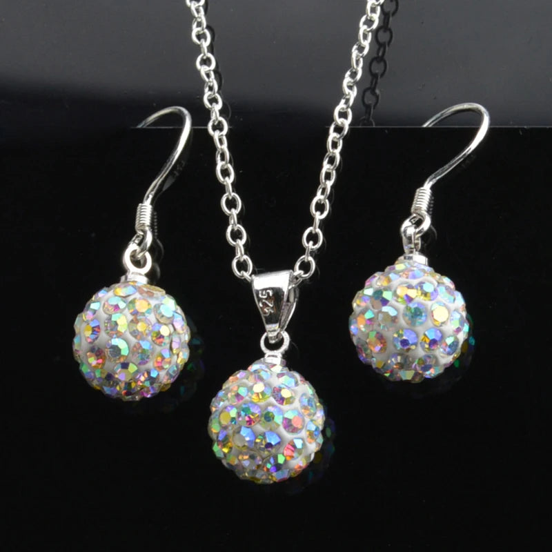 Brand Female Jewelry Set Women's Fashion Ab White Crystal 10mm Ball Drop Earrings Necklace Pendant Set Silver Color Wholesale