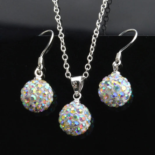 Brand Female Jewelry Set Women's Fashion Ab White Crystal 10mm Ball Drop Earrings Necklace Pendant Set Silver Color Wholesale