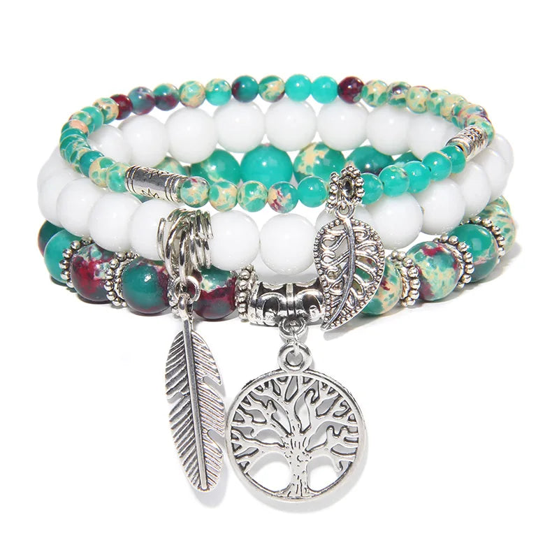 3Pcs Tree of Life Pendant Beads Bracelet Natural Stone Tiger Eye Turquoises Labradorite Bracelets for Women Men Couples Jewelry