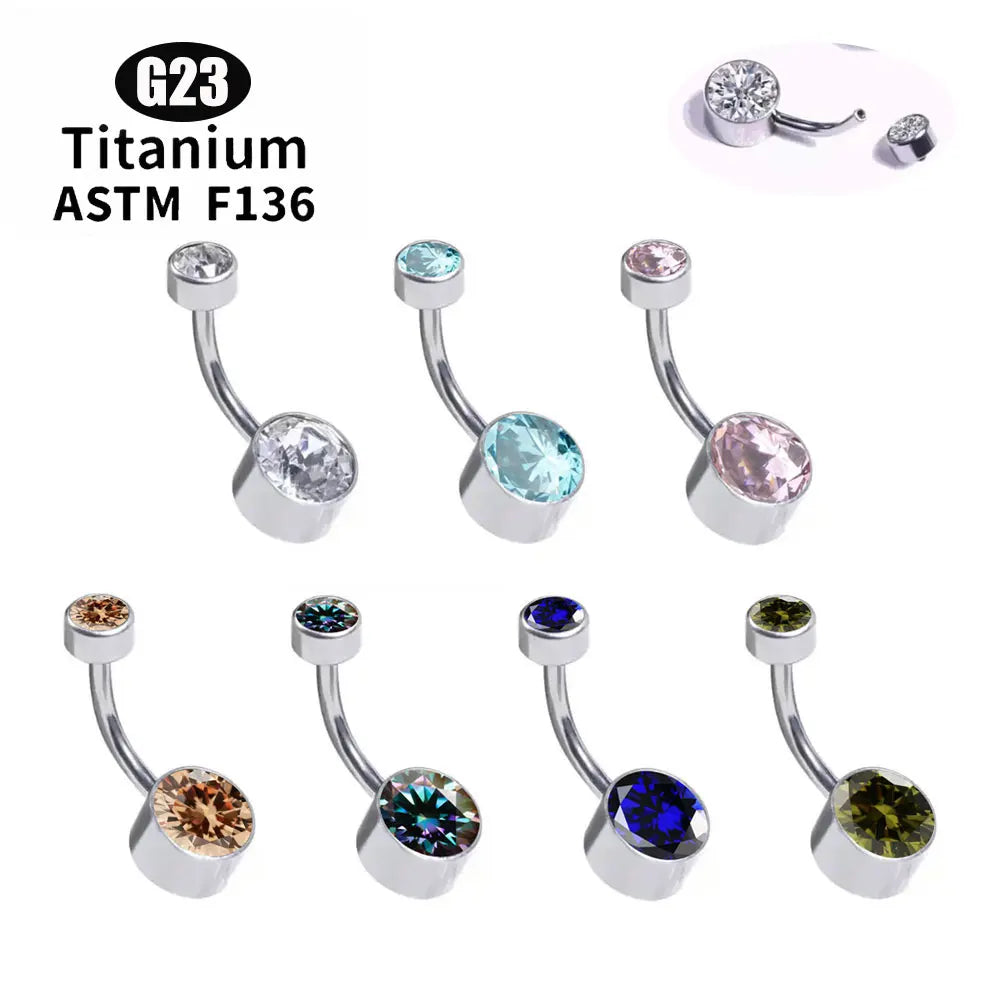 G23 TItanium 5A Round Zircon CZ Belly Button Ring Body Jewelry Internal Threaded Bezel Set