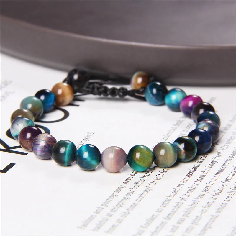 Hemasa Cool Royal Blue Tiger Eye Bracelets Natural Stone Tiger Eye Beaded Bracelets Pulsera Hombre Men Adjustable Woven Rope Bracelets