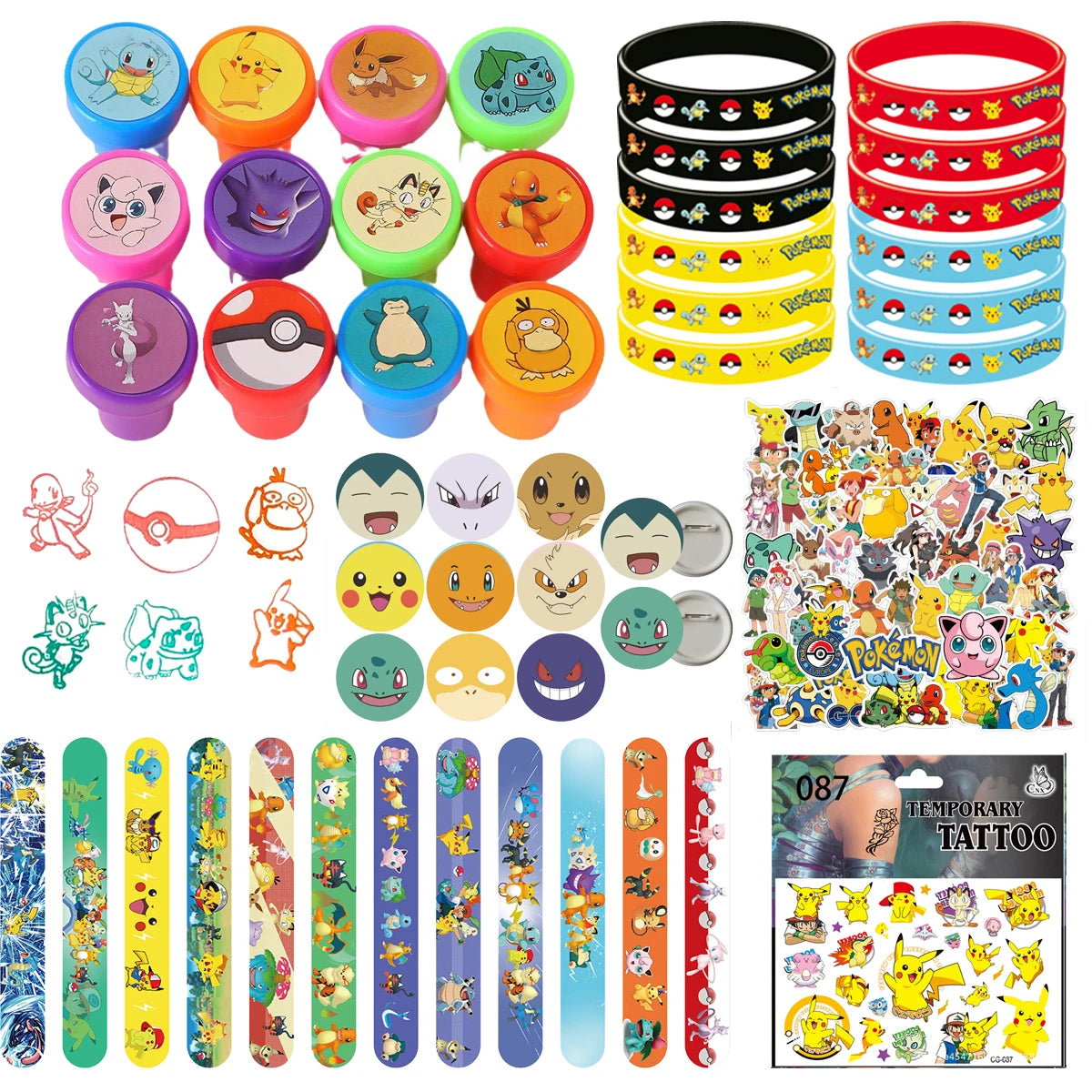 Tejesa Pokemon Pikachu Birthday Party Favors Gifts Slap Bracelets Stamps Tattoos Stickers Kids Goodie Bag Fillers Party Supplies Decora