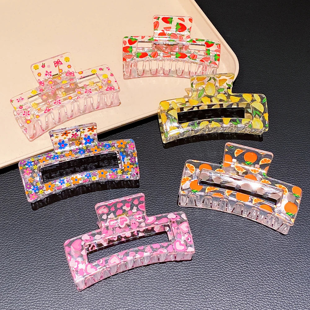 6 square fruit printed hair claws for women, simple and elegant, suitable for daily travel