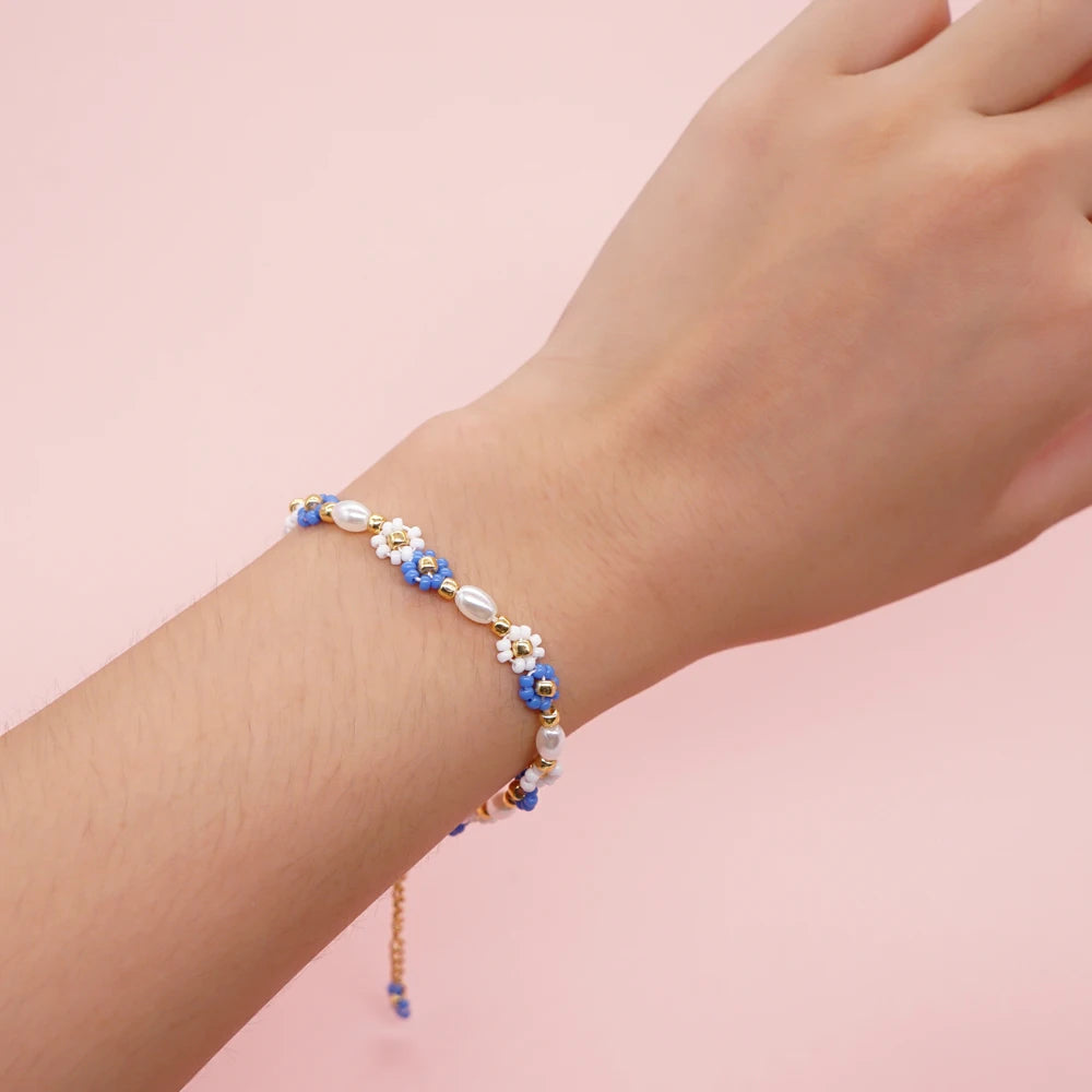 Go2Boho Handmade Bracelets Adjustable Stainless Steel Charm Bracelet Flowers Beads Pearl Bangle Fashion Jewelry for Women Gift