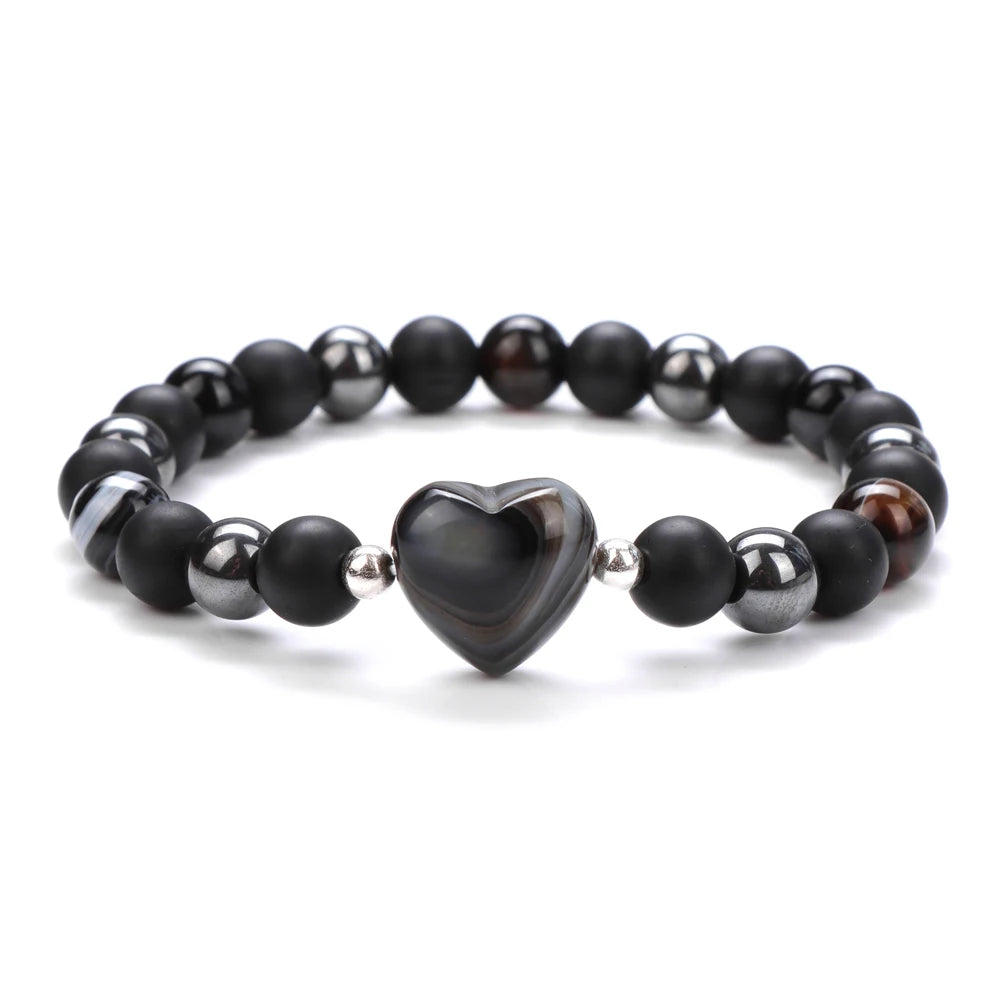 8mm Natural Stone Bracelet Love Heart Shape Tiger Eye Agates Quartz Beads Charm Bracelet for Women Men Fashion Jewelry Gift