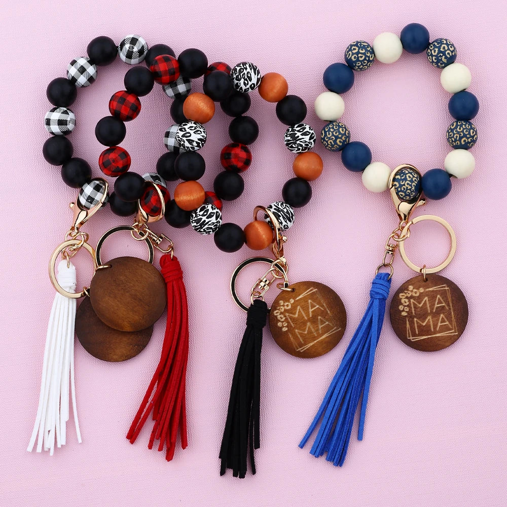 Hemasa Silicon Beads MAMA Monogram Wood Blank Wooden Disc Bracelet Tassel Keychain Wristlet Gift for Her Key Ring
