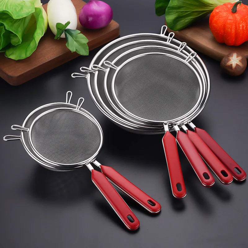10 Sizes 201 Stainless Steel Strainer Colander Fine Mesh Oil Skimmer PP Red Handle Food Noodles Flour Sieve Frying Scoop