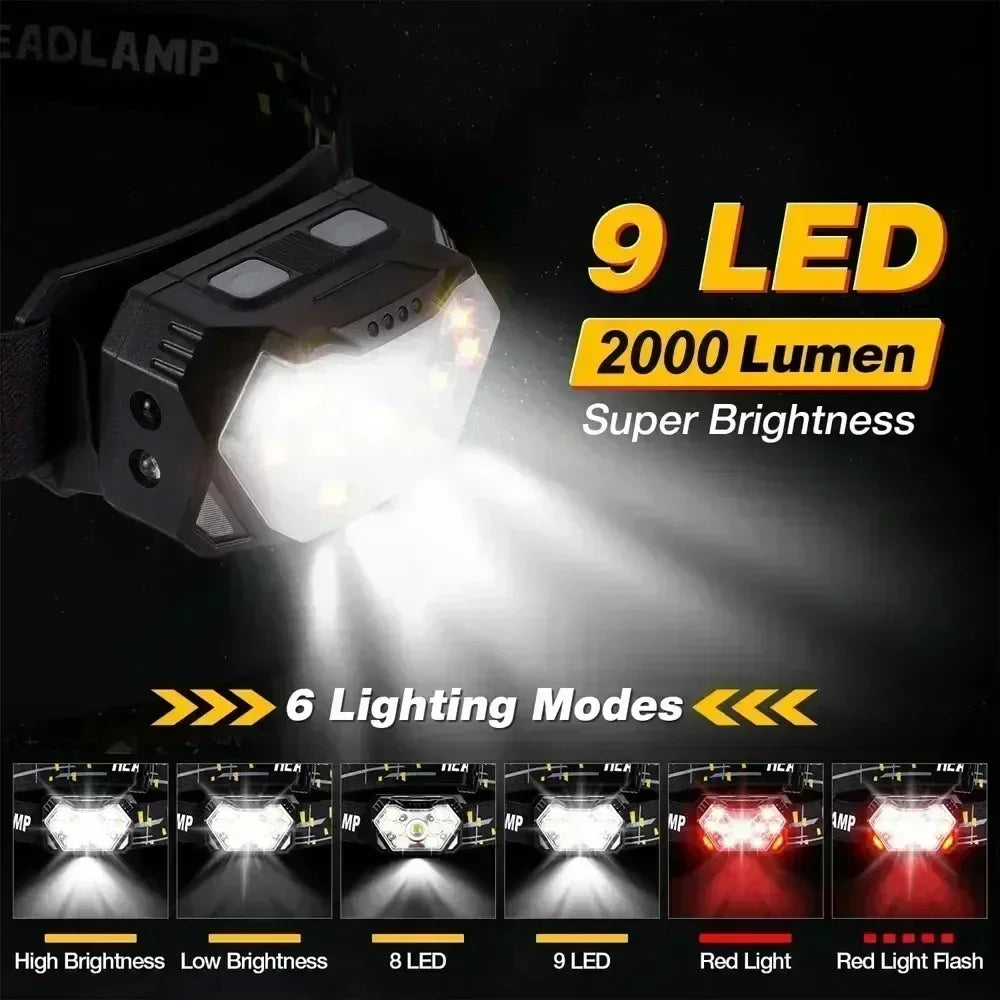 Hemasa USB Rechageable Motion Sensor Headlight 9 Led Strong Light Headlamp Portable Fishing Camping Outdoor Head Lamp Work Flashlight