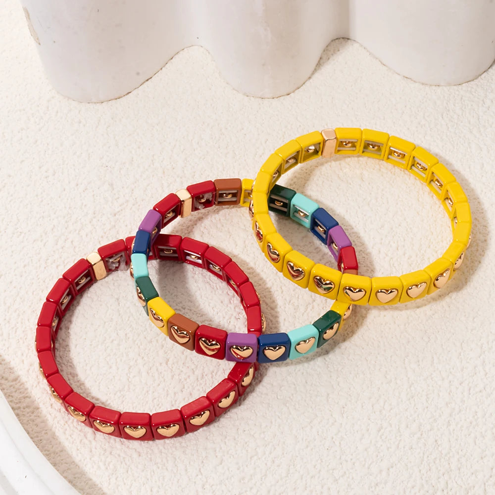 8mm Square Shape Love Bangle For Women Rainbow Color Peach Boho Enamel Elastic Beads Bracelets