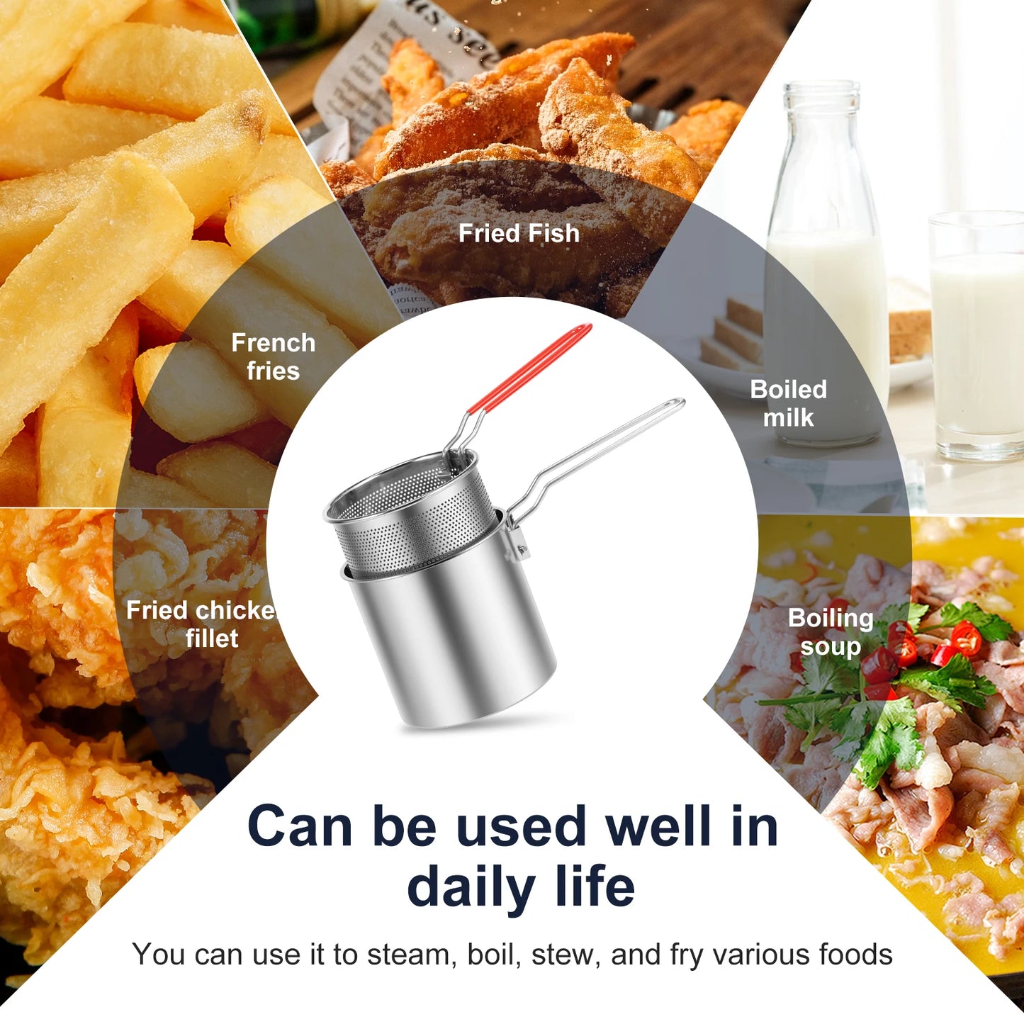 Tejesa Deep Fryer Pot with Strainer Basket Stainless Steel Oil Fry Pot Oil Filter Container for French Fries Chicken Wings Fish Shrimp