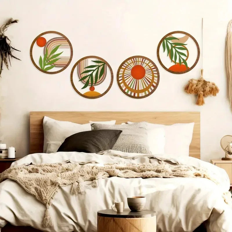 Hemasa 4Pcs Bohemian Wooden Wall Art Decorations Hollow Design Hanging for Living Room Bedroom Courtyard - Unique Decorative Pieces