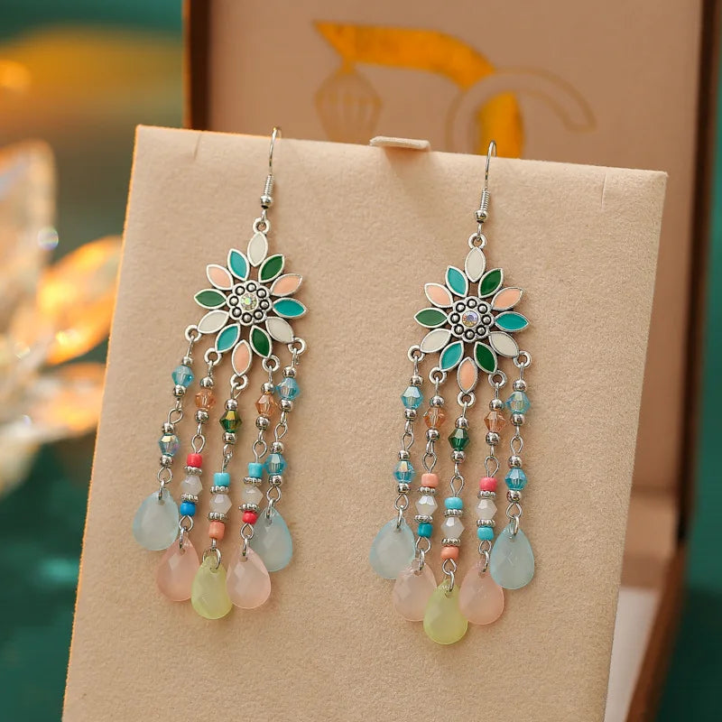 Hemasa Flower Drop Dangle Earrings For Women Enamel Crytal Geometric Jewelry Beads Handmade Tassel Earings