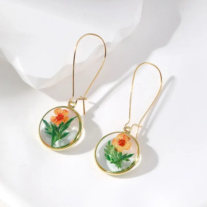Colorful Flower Hoop Earrings Women Natural Pressed Flower Dangle Earrings Unique Design Boho Style Statement Jewelry Wholeslae