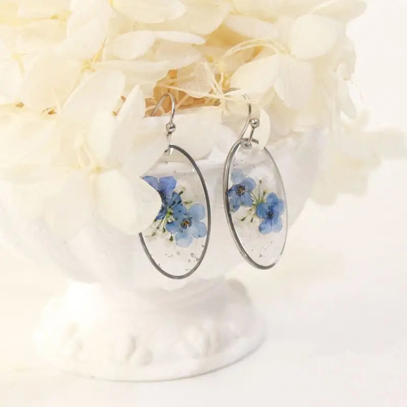 Epoxy Resin Blue Floral Earrings Cute Flower Drop Earring For Women Unique Handmaking Pressed Flowers Earrings Wholesale Jewelry