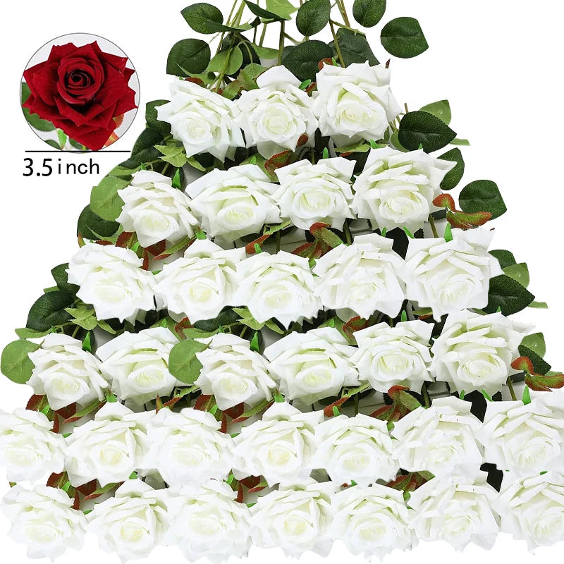 Tejesa 50 Pcs Velvet Rose Artificial Rose Flowers Real Touch Fake Roses Florals for Valentine's DIY Wedding Bouquet Party Home Decor
