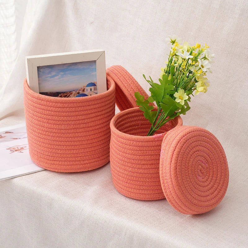 Cotton Rope Woven Storage Basket With Lids Home Decor Desktop Storage Basket for Sundries Snacks Pet Products Kids Toy Fruits