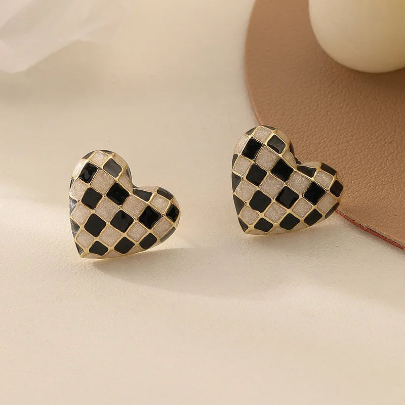 Checkerboard Heart Earrings, Black & White Pattern, Gold-Plated, Heart Shape