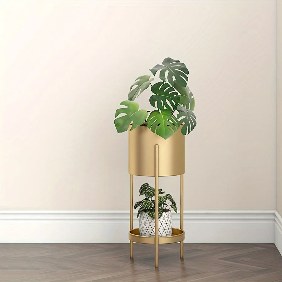 Modern Golden Double-Layer Flower Stand, Nordic Style Iron Plant Holder for Indoor & Balcony Decor, Round Metal Shelf for Small