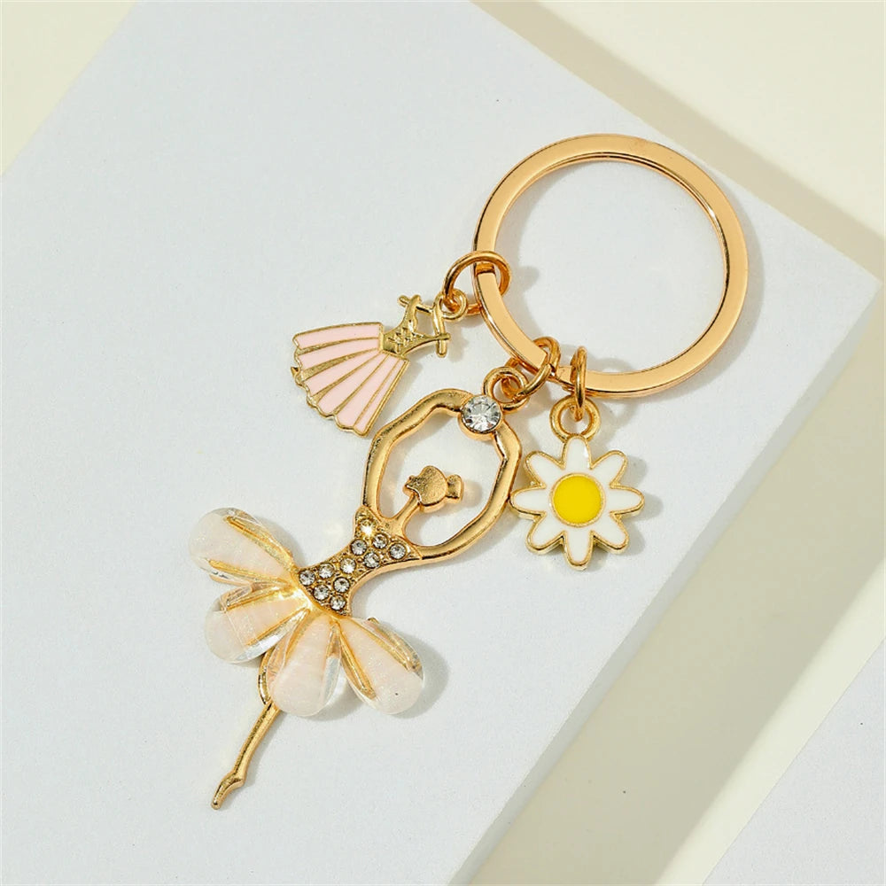 Cute Ballet Dancer Keychain Elegant Sunflower Ballerina Pendant Keyring Bag Charm Backpack Accessories Women DIY Jewelry Gift
