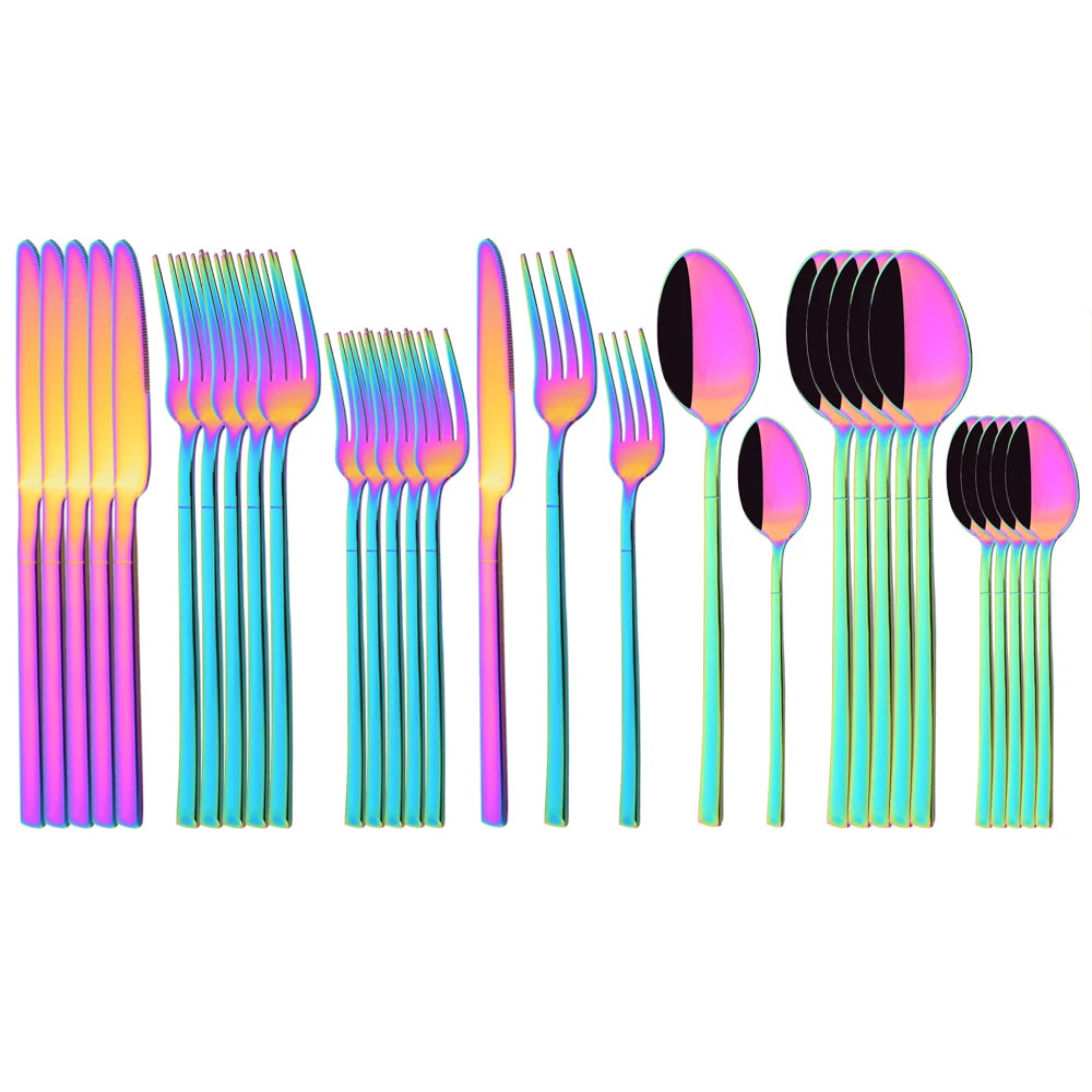 Hemasa 30Pcs Dinnerware Mirror Stainless Steel Cutlery Set Rainbow Knife Dessert Fork Spoon Silverware Kitchen Party Dinner Tableware