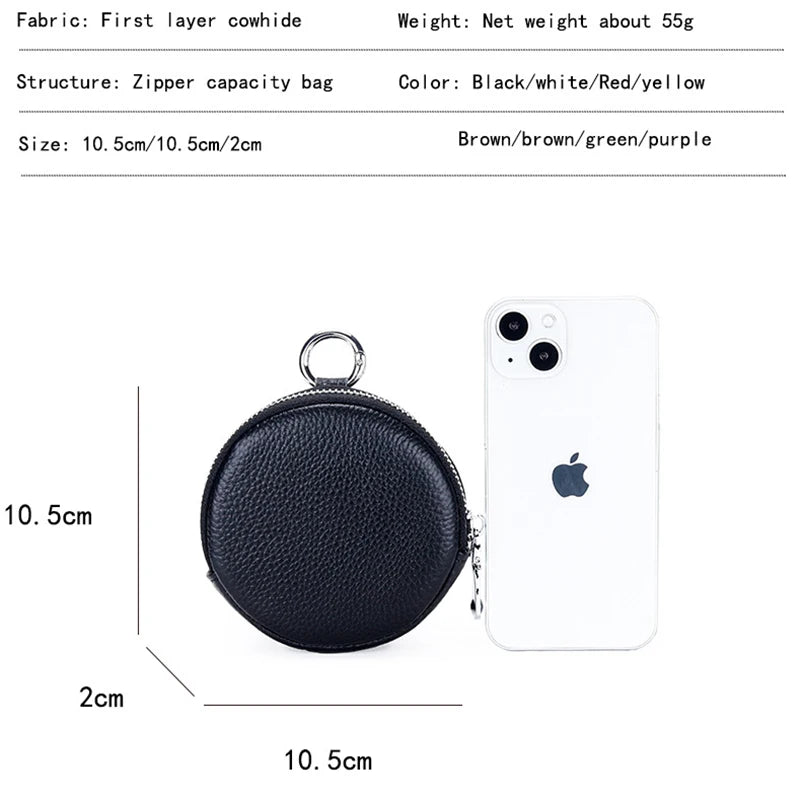 2024 Coin Purse Change Pouch for Women Key Ring Wallet Minimalist Small Item Storage Bag Genuine Leather Round Purse with Zipper