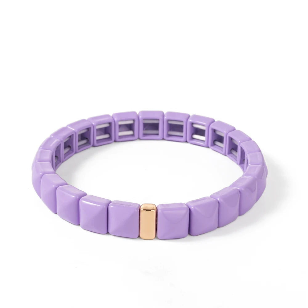 Tejesa Colorful Enamel Square Shape Rhombus Faced Bohemain Geometric Elastic Bracelets For Women