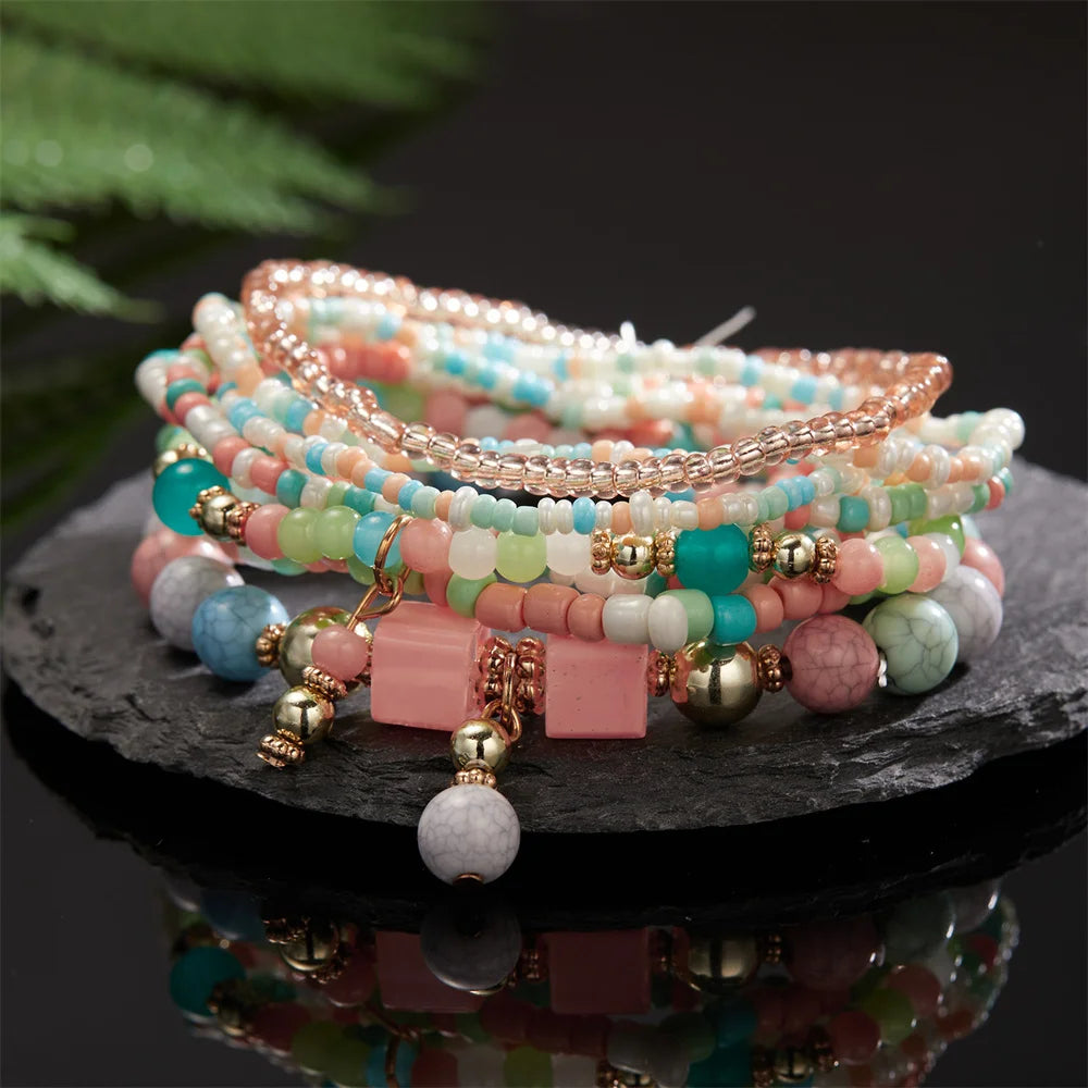 Bohemian Dopamine Colorful Beads Bracelet Set For Women Lady Handmade Elastic Multilayer Bangle Jewelry New Accessories