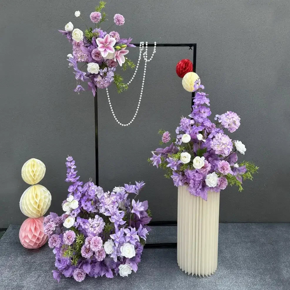 Romantic Purple Rose Hydrangea Aisle Floor Flower Wedding Backdrop Arch Decor Hang Floral Row Table Centerpieces Ball Party Prop