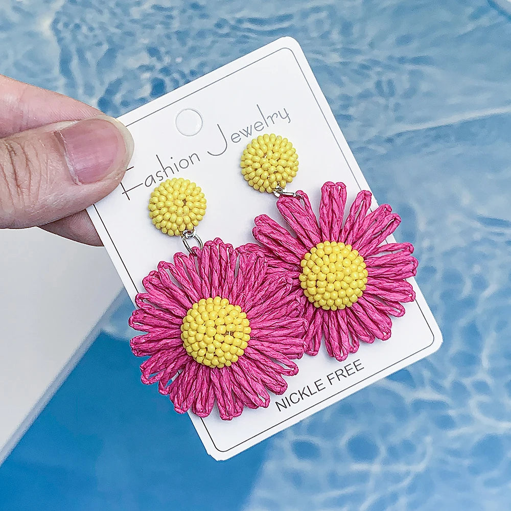 Colorful Sun Flower Raffia Bead Earrings For Women Girl Handmade Bohemian Rattan Knit Earrings Summer Party Jewelry Gifts