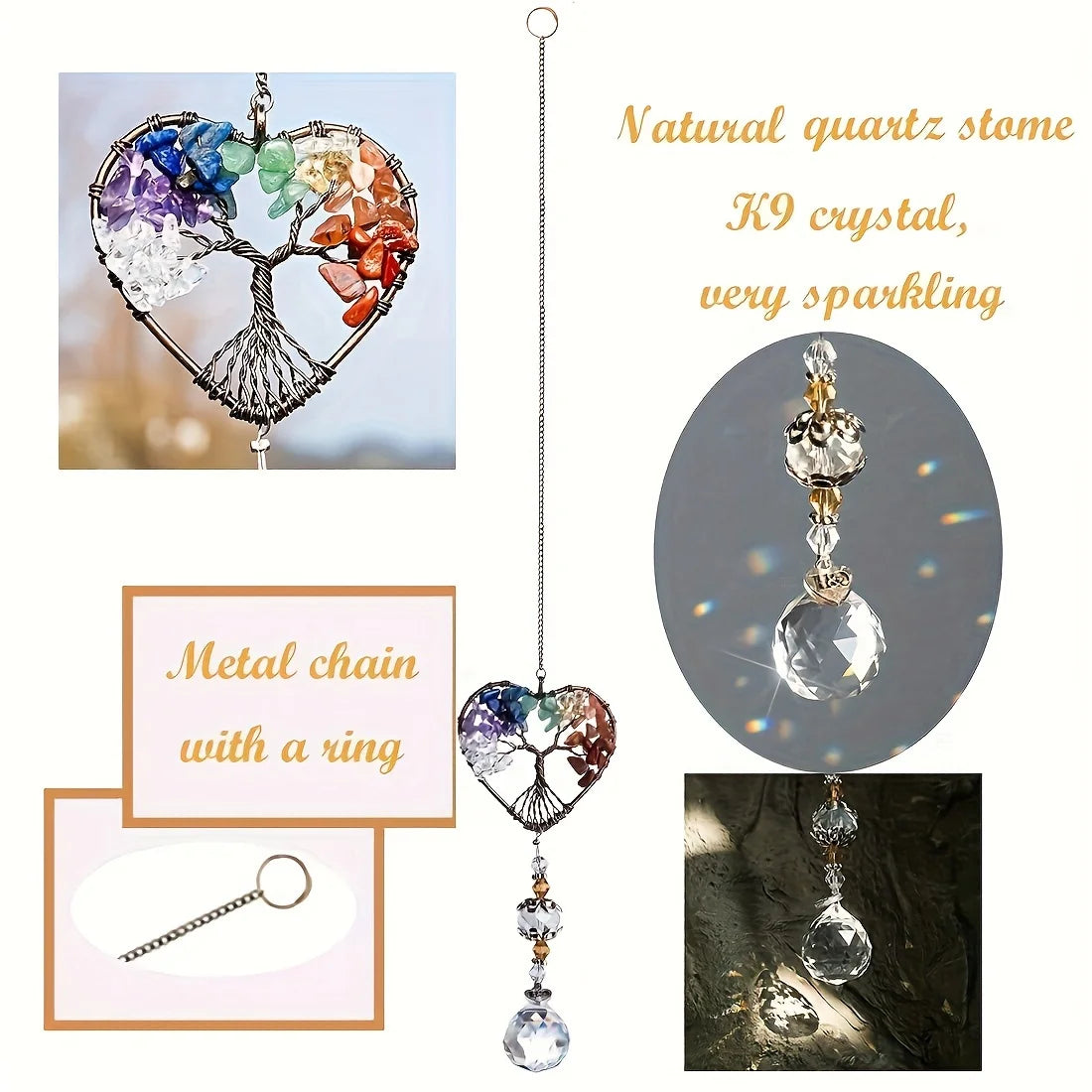 Tejesa  Rainbow Crystal Sun Catcher/Tree Of Life Suncatchers Heart Shaped Hanging Ornament Chakra Stones Window Crystal Ball Prism