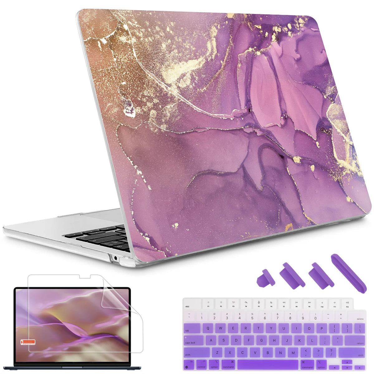 Hemasa Purple Colour Marble Plastic Laptop Case for MacBook M4 Air 13 inch A2337 A2179 A1932 Hard Shell Cover for Mac Pro 13 15 16 2022 A2338 A2251