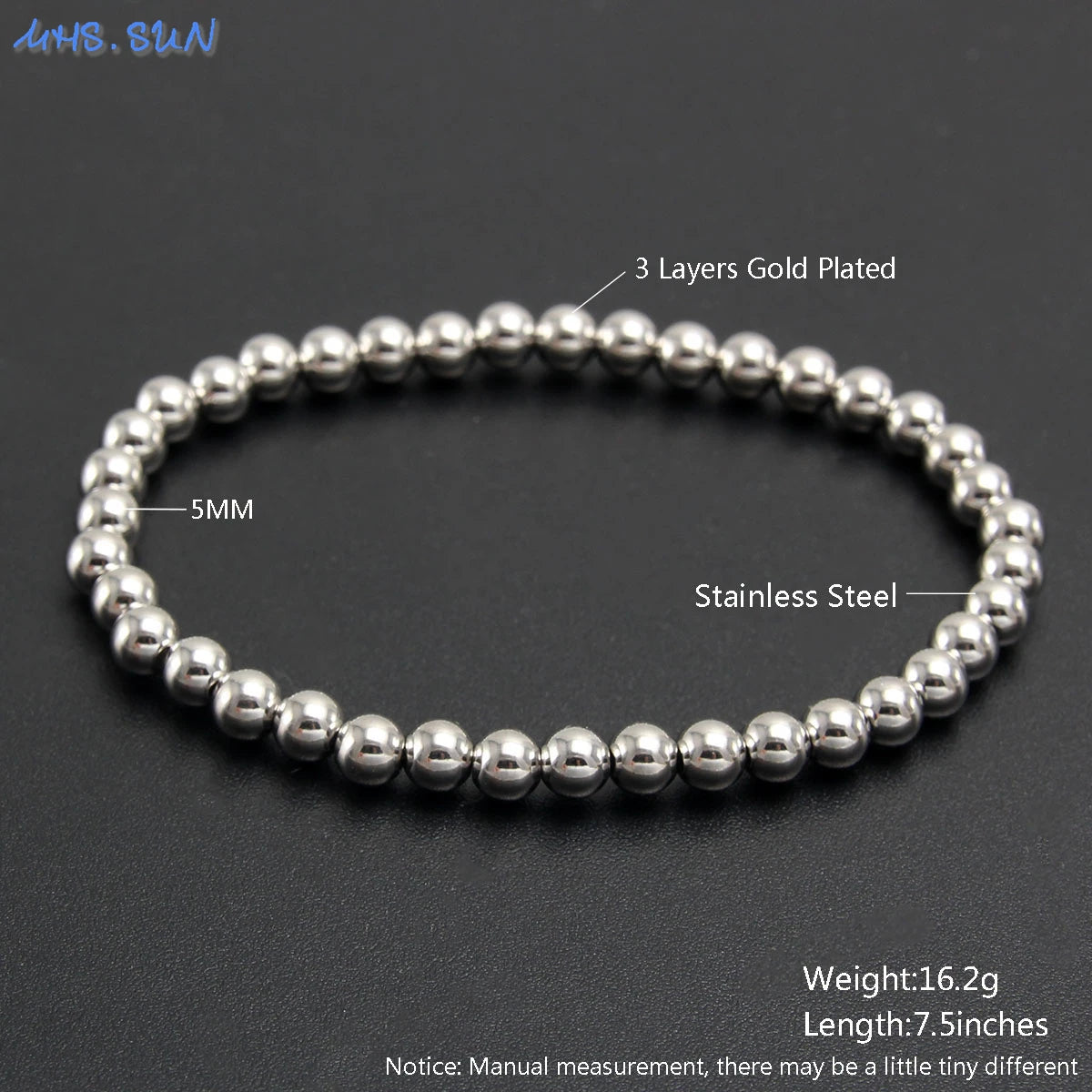 MHS.SUN Fashion Waterproof Smooth Stainless Steel Bracelets 2-10mm Elastic Beaded Gold Plated Stackable Bracelet Women Jewelry