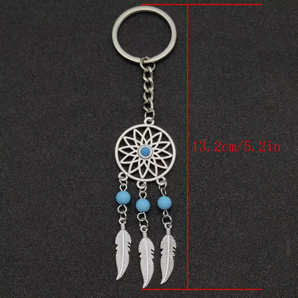 Dream Chaser Keychain Tassel Feather Pendant Keyring Beads Royal Blue Black Beads Charm Retro Car Key Chain Dream Chaser Gift
