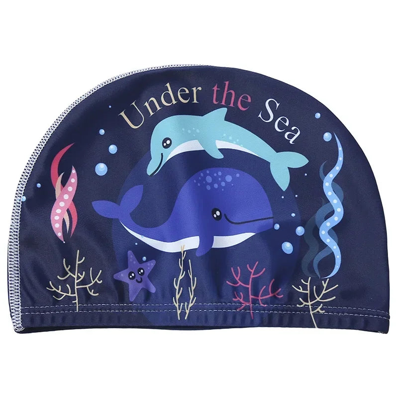 Hemasa Swimming Cap for Children Elastic Fabric Cute Cartoon for Long Hair Lovely Kids Protect Ears Swim Pool Hat for Boys Girls Swim