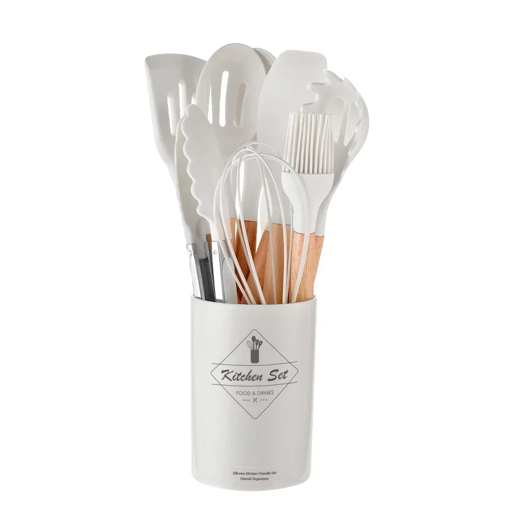 Hemasa 12PCS Silicone  Non-Stick Cookware Kitchen Utensils Set Spatula Shovel Egg Beaters Wooden Handle Cooking Tool Set
