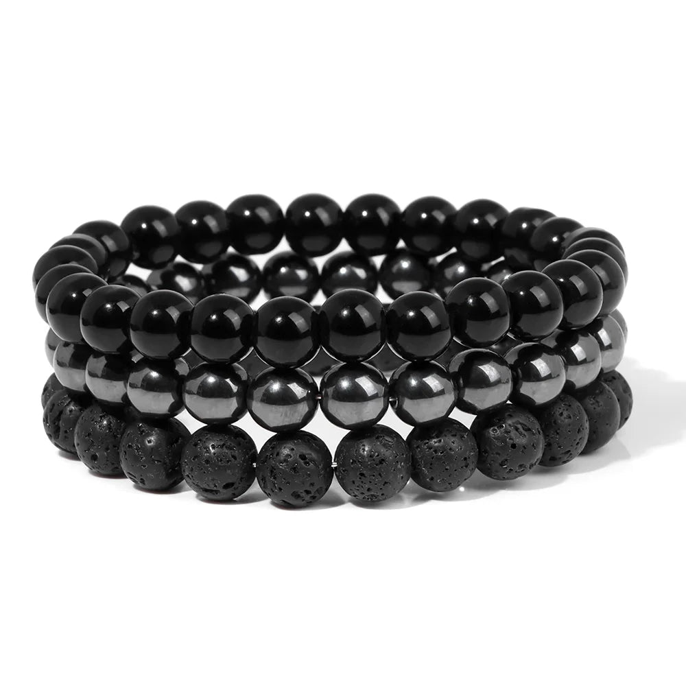 Hemasa 3Pcs Natural Howlite Lava Tiger Eye Hematite Bead Stretch Bracelets