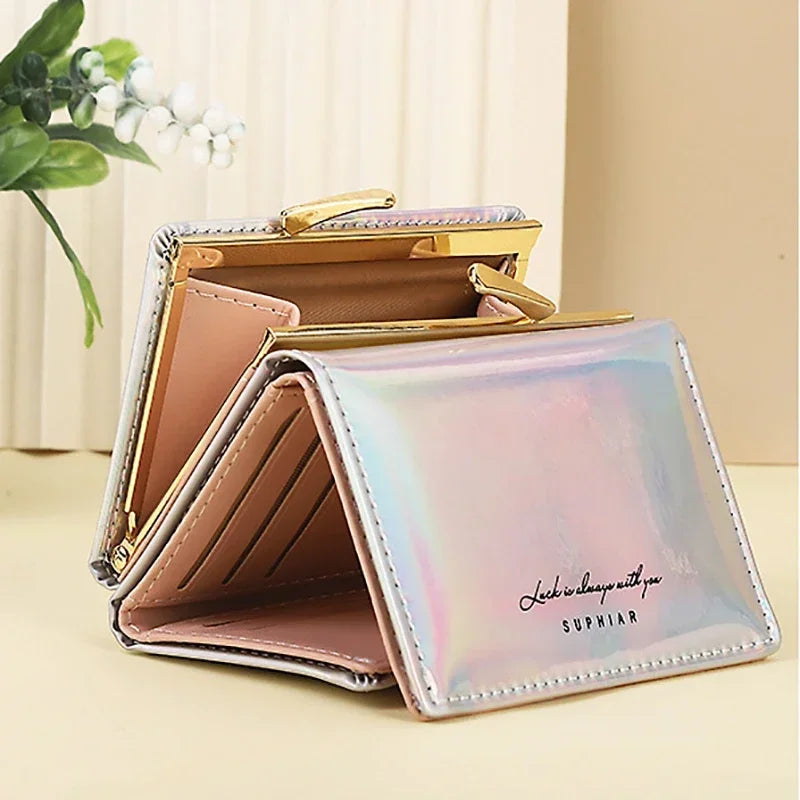 New Fashion Pu Leather Rainbow Women Short Wallet Laser Cartera Girls Coin Purse Wallets for Women Birthday Gift Card Wallet