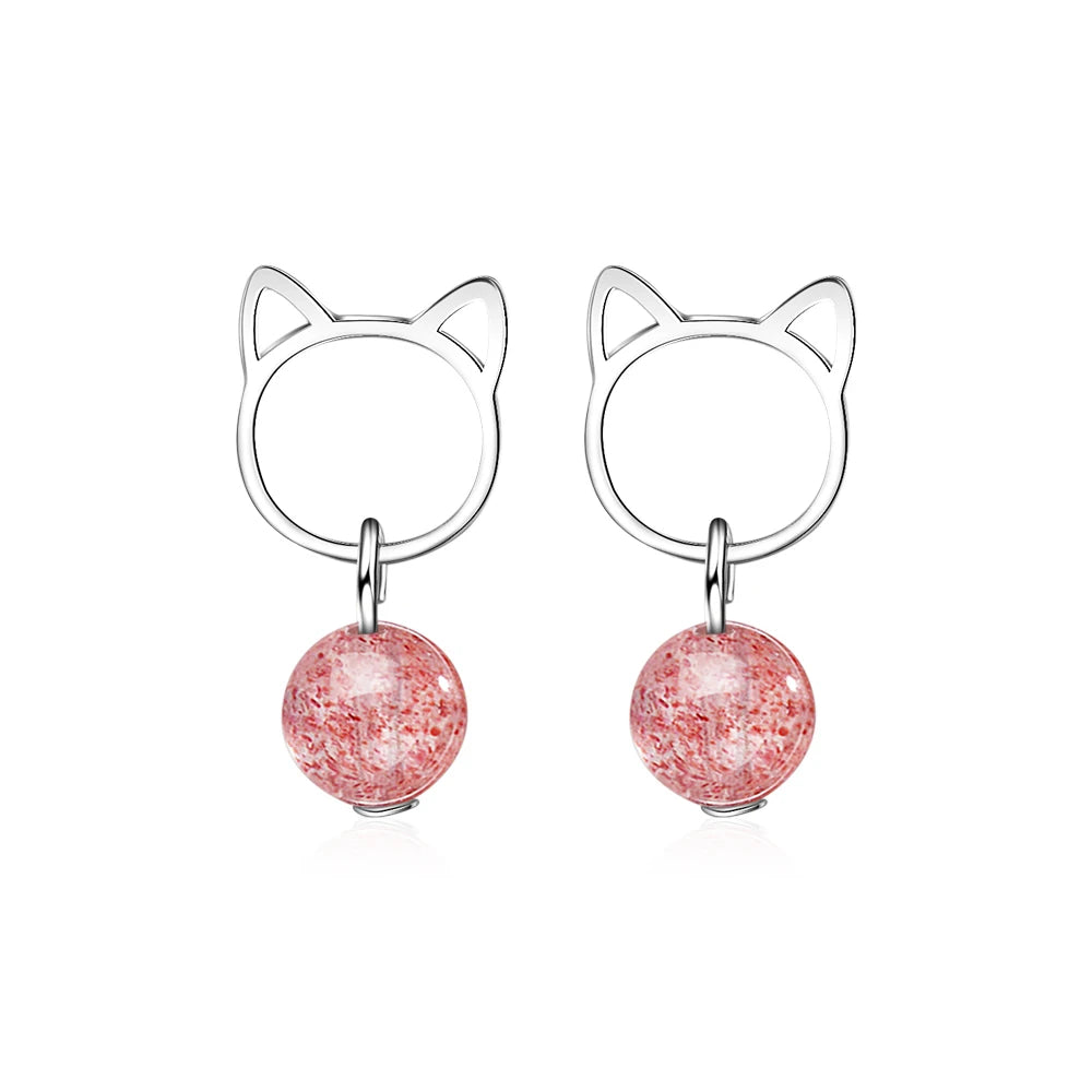925 Real Sterling Silver  Women Fashion Cute Pink Strawberry Crystal Cat Stud Earrings For Daughter Girls Ds718