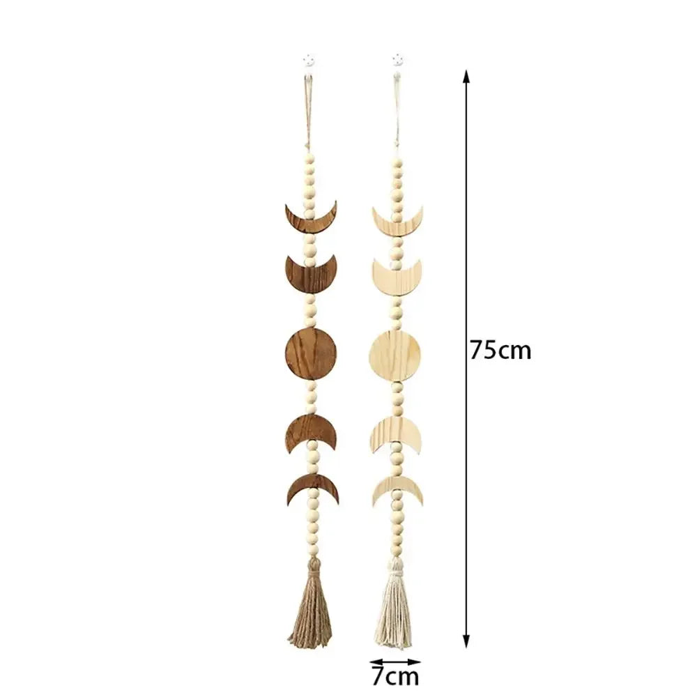Wood Star Moon Phase Wall Hanging Garland Boho Beaded Moon Garland with Tassel Home Wall Decor