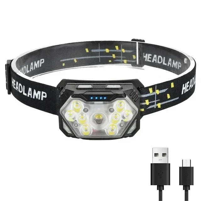 Hemasa USB Rechageable Motion Sensor Headlight 9 Led Strong Light Headlamp Portable Fishing Camping Outdoor Head Lamp Work Flashlight