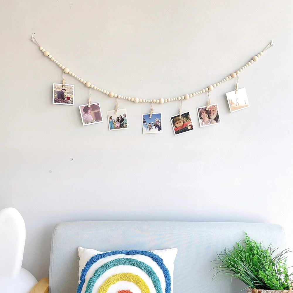Wooden Beads Garland Wall Hanging Photo Display Boho Christmas Picture Card Frame for Home Decor Living Room Bedroom Rustic Deco