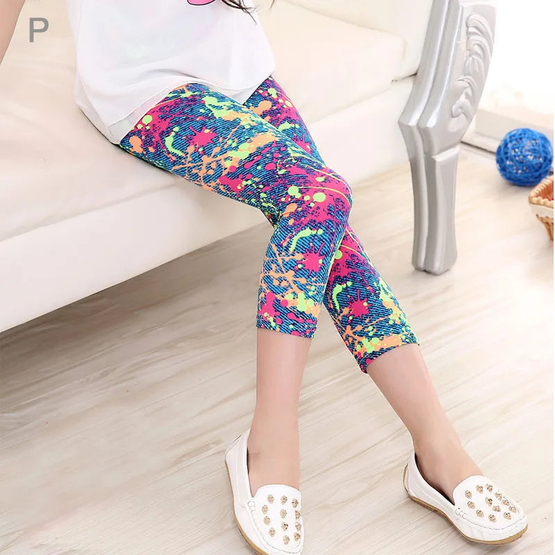 Hemasa 3-10years Girls Cropped Trousers Floral Print Flower Kids Calf Length Skinny Pants Stretch Leggings Children All-matches Bottoms