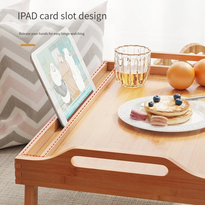 Hemasa  Bamboo Wood Bed Tray Portable Folding Laptop Desk Tea Food Serving Table Folding Leg Laptop Desk On The Bed