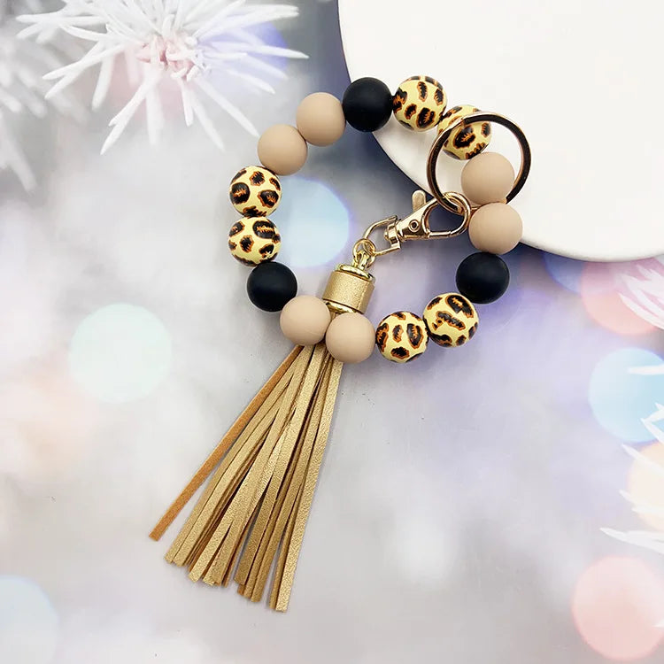 Leopard Print Acrylic Bead Bracelet, with PU Leather Tassels AndKeychain Bag Pendant, Women's Car Wrist Keyring