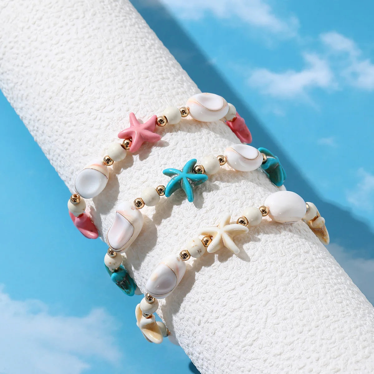 Hemasa 3PCs Boho Starfish Ceramics Beads Bracelet for Women