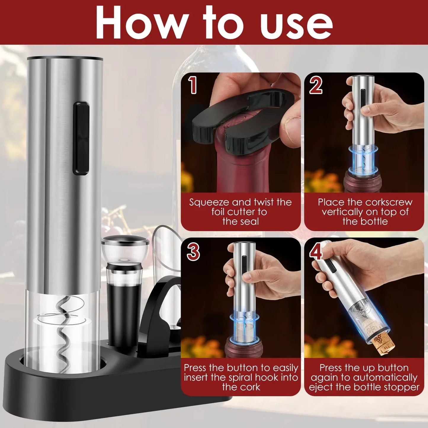 Tejesa 4In1 Electric Wine Opener Set /Rechargeable Automatic Corkscrew Bottle Opener with Foil Cutter Pourer Vacuum Stopper Storage Base