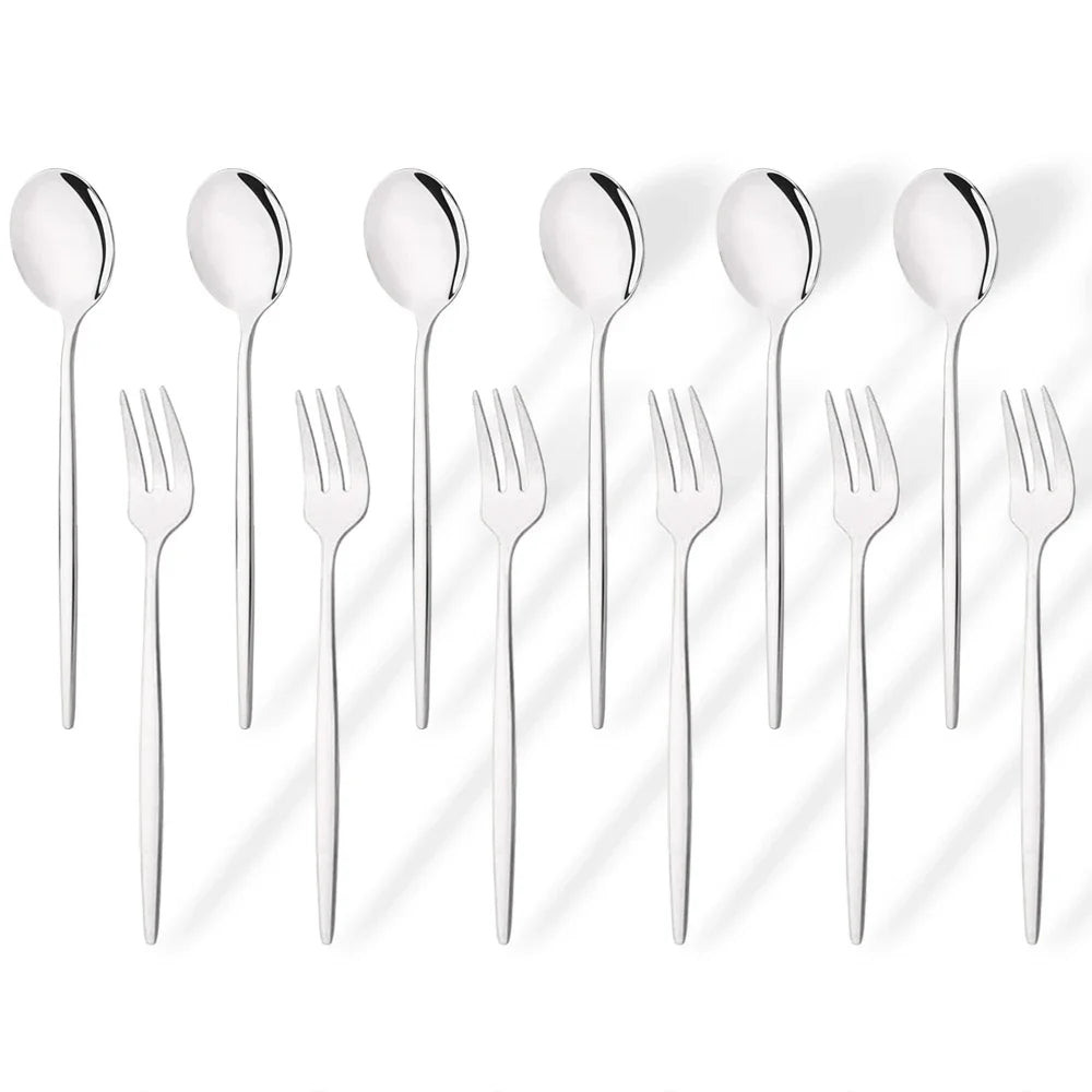 Hemasa 12Pcs Stainless Steel  Gold Fork Spoon Set/ Cake Fork Snack Salad Coffee Fruit Fork Spoon Cutlery Kitchen Dinnerware Set