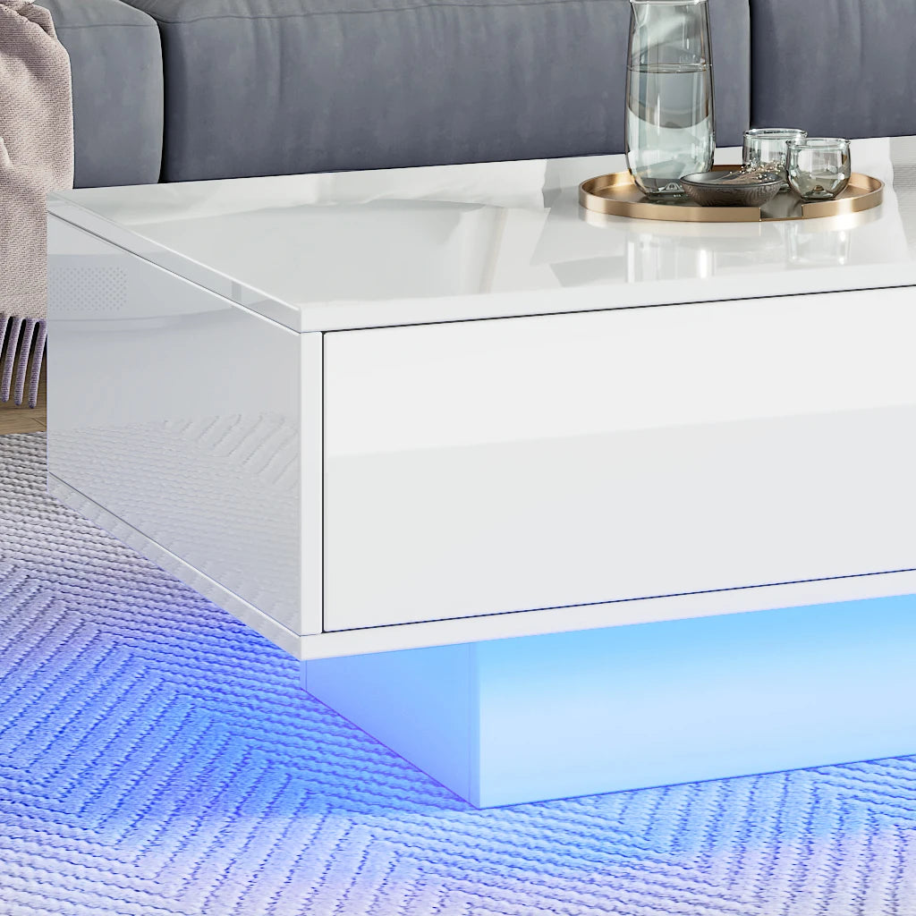 High Gloss LED Coffee Table with 16 Colors LED Lights and 2 Drawers, Rectangular Coffee Table for Office, Store and Living Room