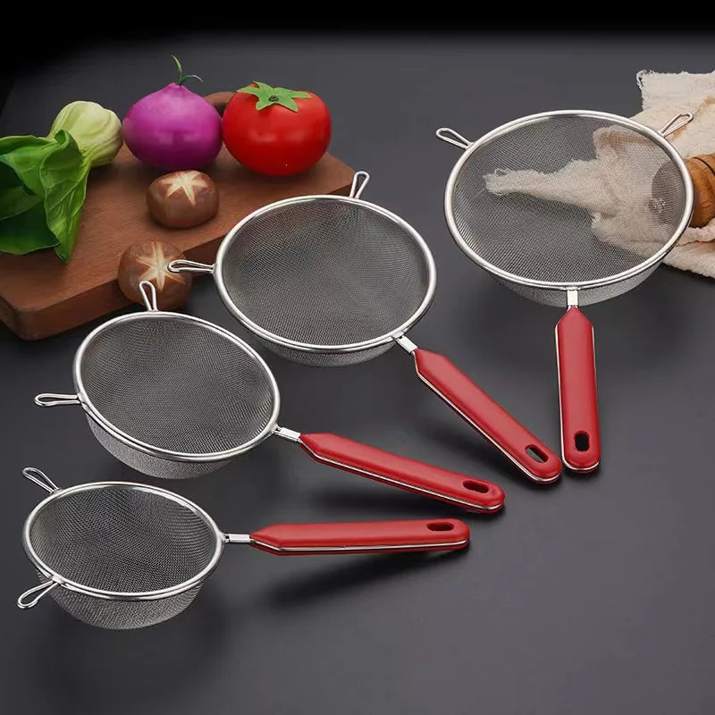 10 Sizes 201 Stainless Steel Strainer Colander Fine Mesh Oil Skimmer PP Red Handle Food Noodles Flour Sieve Frying Scoop